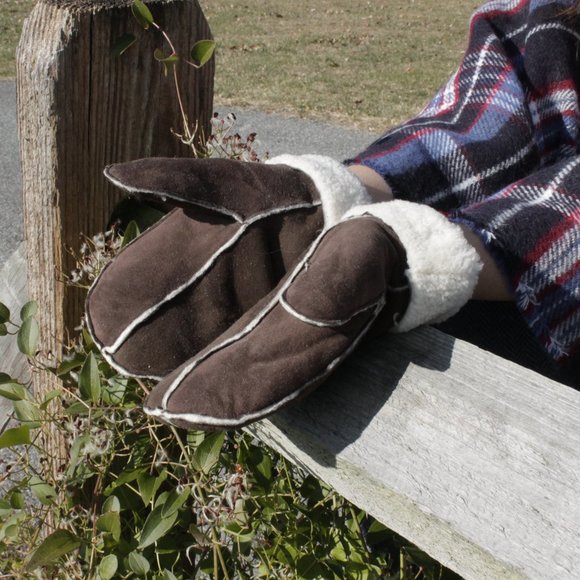New Sheepskin Shearling Suede Mittens Gloves Tan Brown Black Womens One Size - Picture 10 of 16